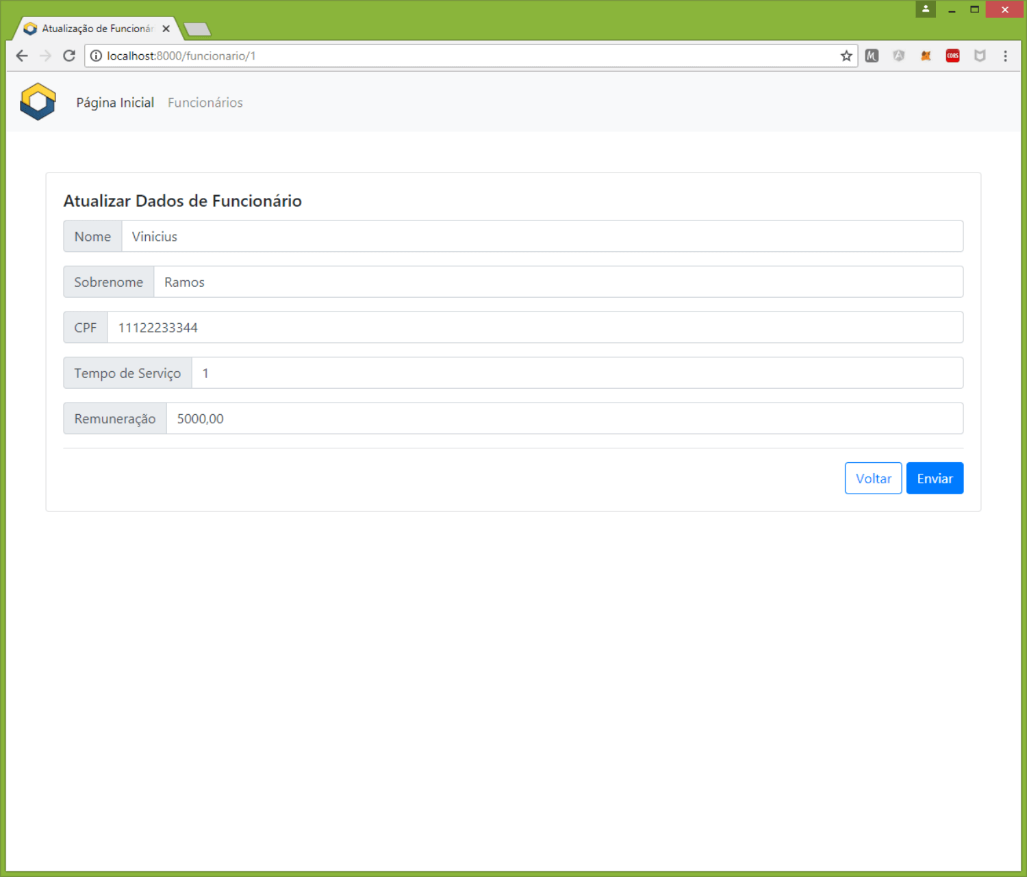 Página de Atualização de Funcionários