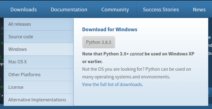 Opções de Download Python.org